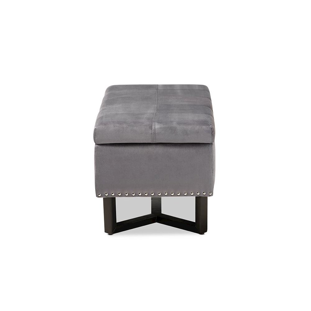Grey Velvet Fabric Upholstered and Dark Brown Finished Wood Storage Ottoman. Picture 4