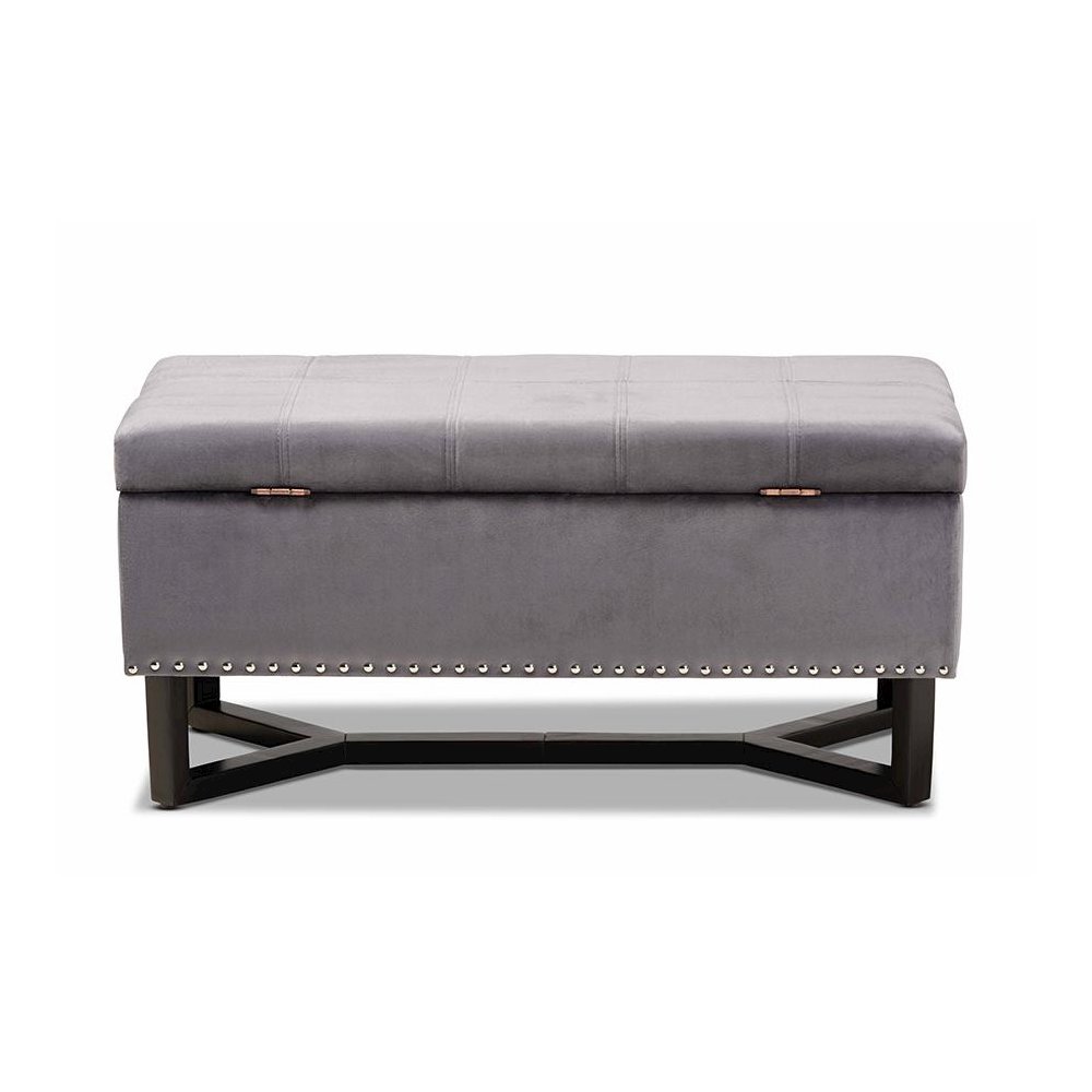 Grey Velvet Fabric Upholstered and Dark Brown Finished Wood Storage Ottoman. Picture 5
