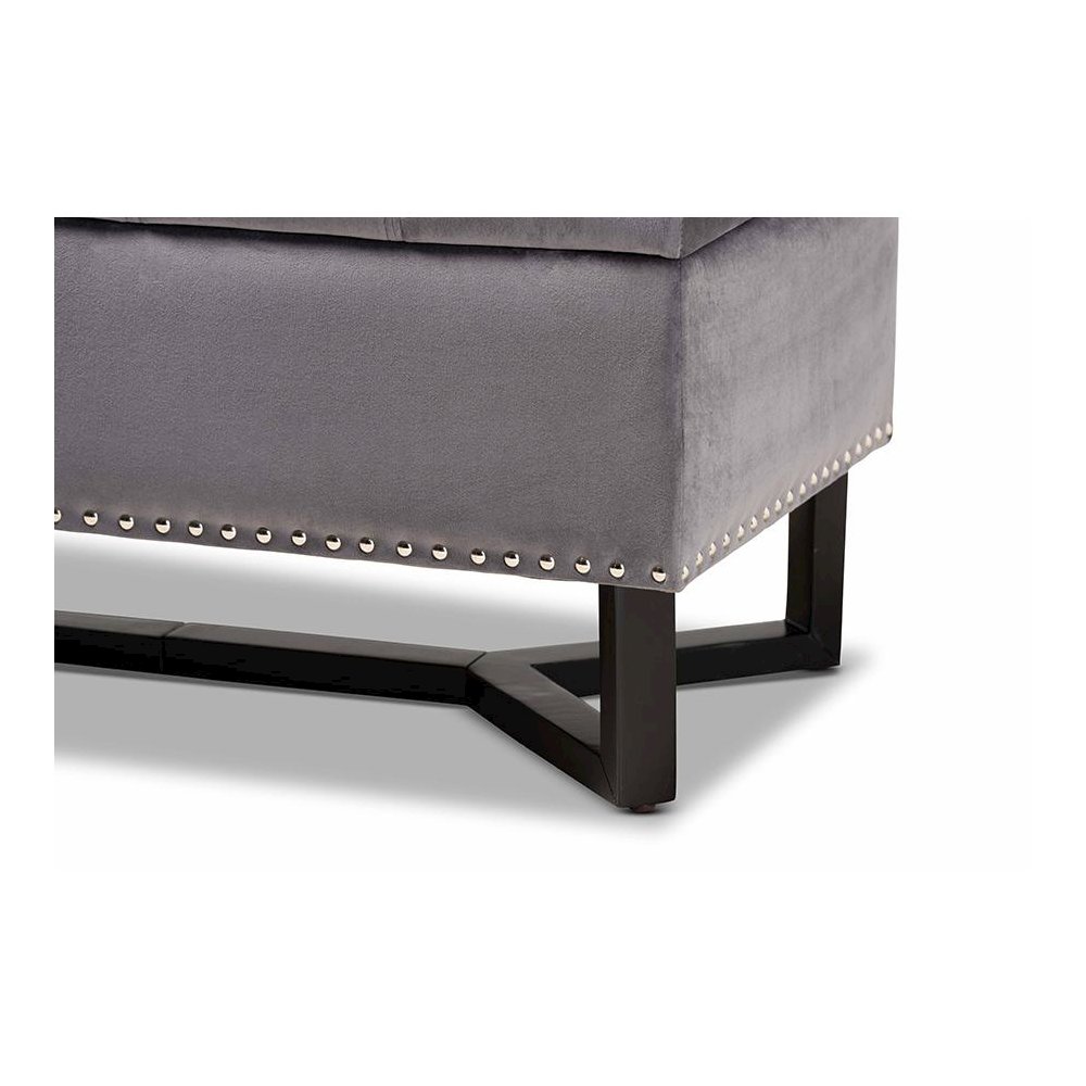 Grey Velvet Fabric Upholstered and Dark Brown Finished Wood Storage Ottoman. Picture 7