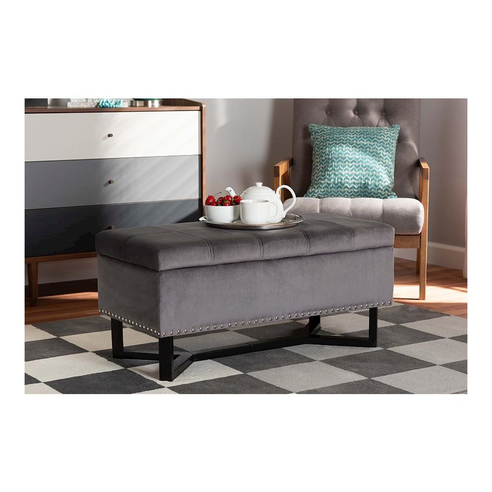 Grey Velvet Fabric Upholstered and Dark Brown Finished Wood Storage Ottoman. Picture 8