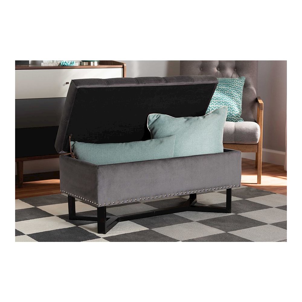 Grey Velvet Fabric Upholstered and Dark Brown Finished Wood Storage Ottoman. Picture 9