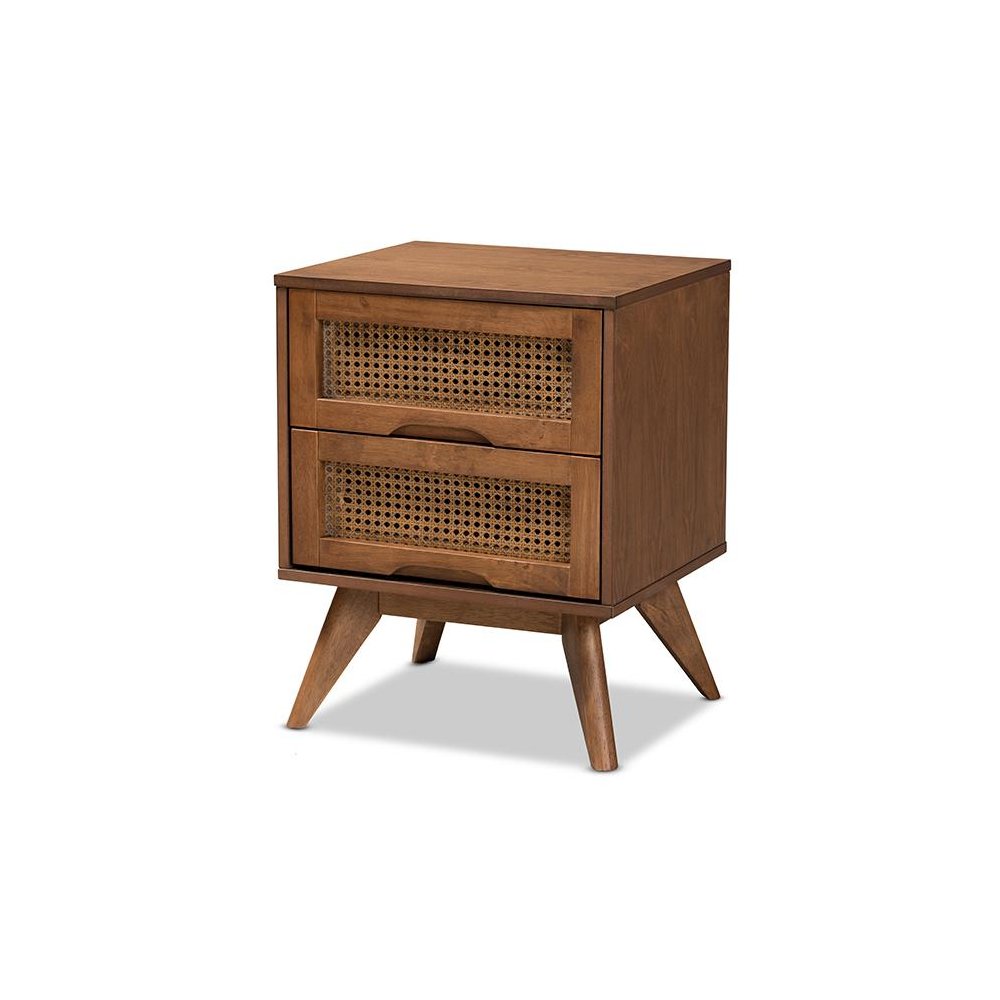 Modern Walnut Brown Finished Wood and Synthetic Rattan 2-Drawer Nightstand. Picture 1