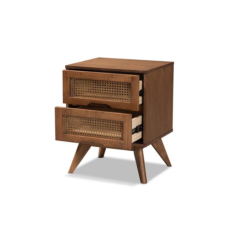 Modern Walnut Brown Finished Wood and Synthetic Rattan 2-Drawer Nightstand. Picture 2