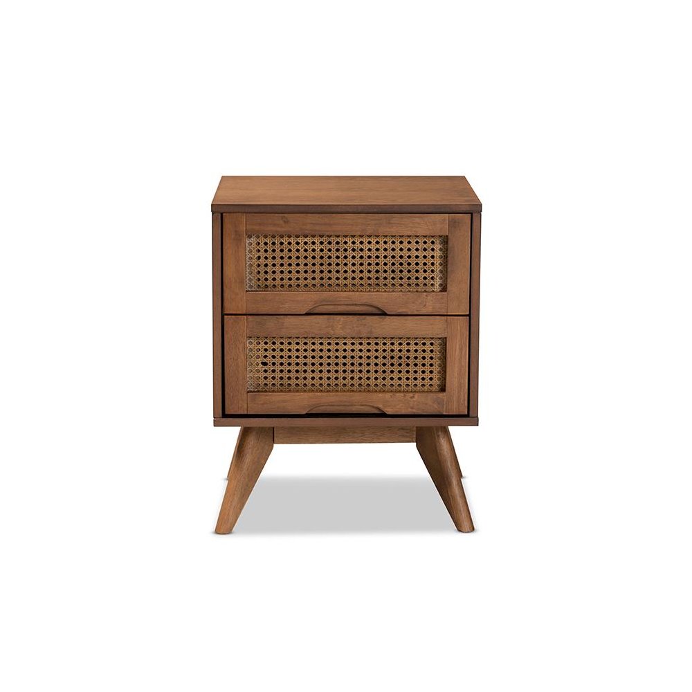 Modern Walnut Brown Finished Wood and Synthetic Rattan 2-Drawer Nightstand. Picture 3