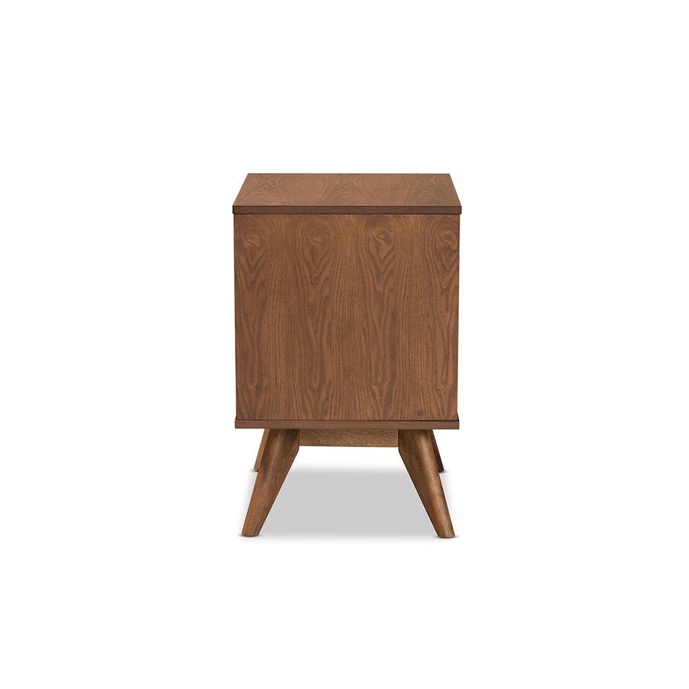 Modern Walnut Brown Finished Wood and Synthetic Rattan 2-Drawer Nightstand. Picture 4