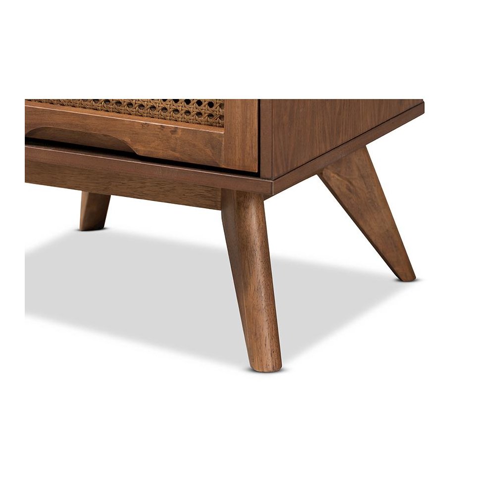 Modern Walnut Brown Finished Wood and Synthetic Rattan 2-Drawer Nightstand. Picture 6