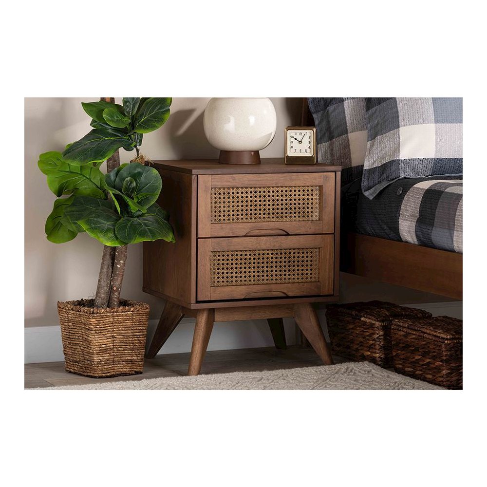 Modern Walnut Brown Finished Wood and Synthetic Rattan 2-Drawer Nightstand. Picture 8