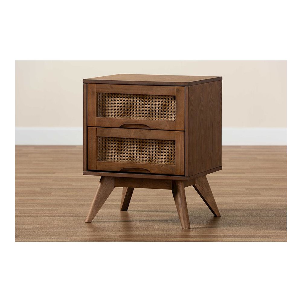 Modern Walnut Brown Finished Wood and Synthetic Rattan 2-Drawer Nightstand. Picture 9
