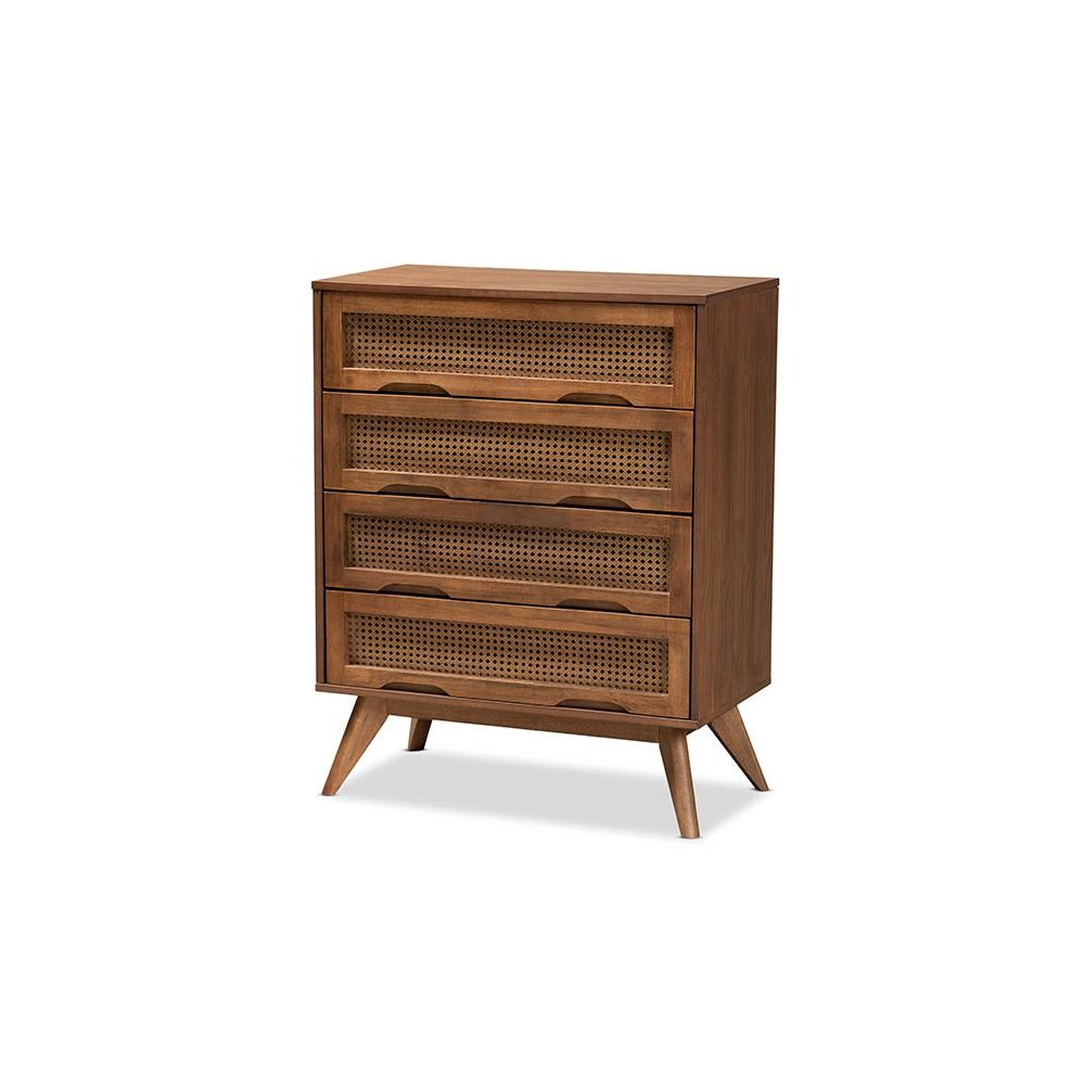 Modern Walnut Brown Finished Wood and Synthetic Rattan 4-Drawer Chest. Picture 1