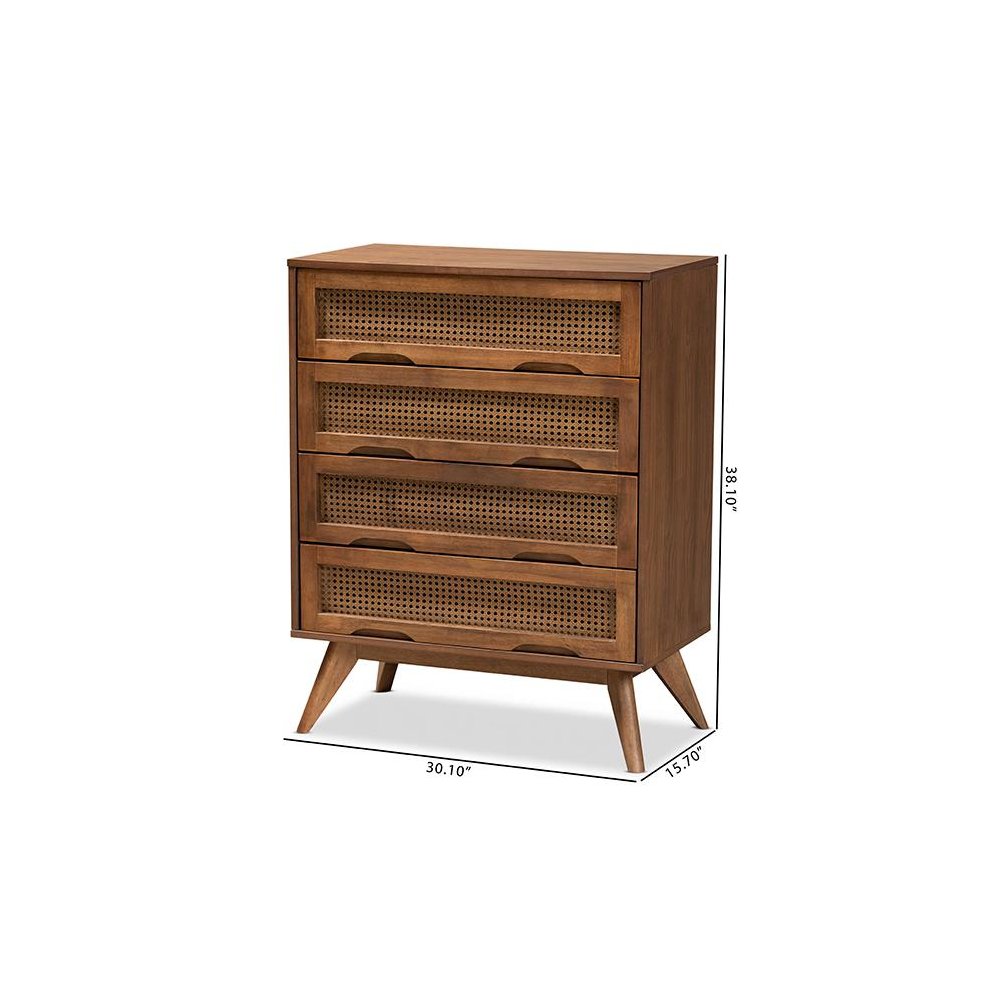 Modern Walnut Brown Finished Wood and Synthetic Rattan 4-Drawer Chest. Picture 10