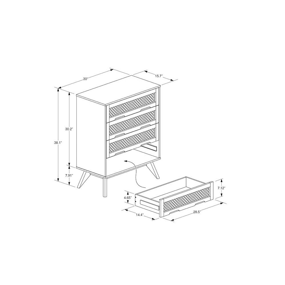 Modern Walnut Brown Finished Wood and Synthetic Rattan 4-Drawer Chest. Picture 11