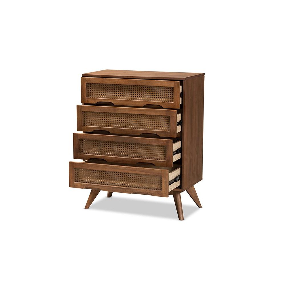 Modern Walnut Brown Finished Wood and Synthetic Rattan 4-Drawer Chest. Picture 2