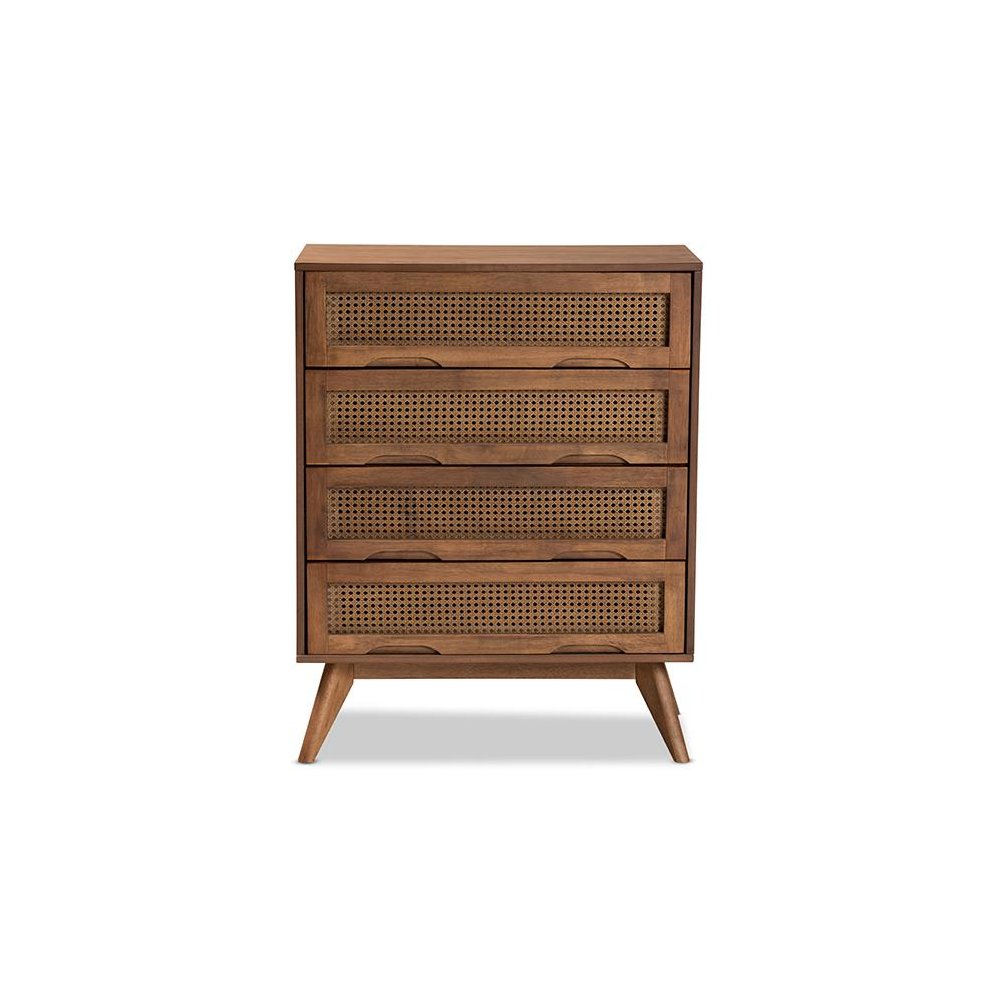 Modern Walnut Brown Finished Wood and Synthetic Rattan 4-Drawer Chest. Picture 3