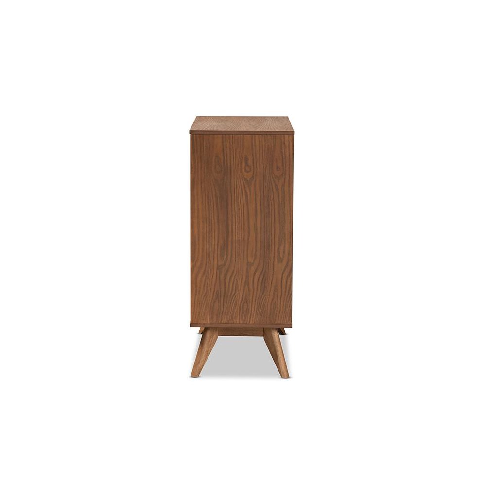 Modern Walnut Brown Finished Wood and Synthetic Rattan 4-Drawer Chest. Picture 4