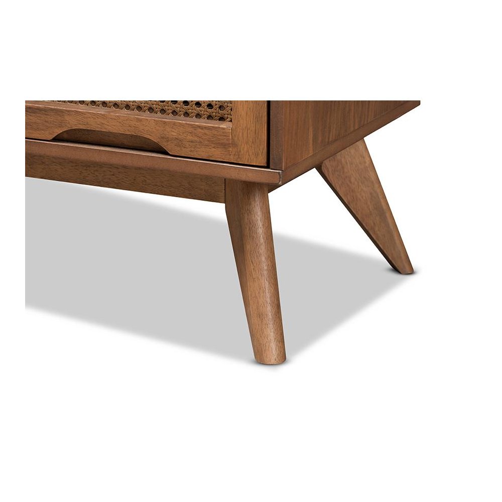 Modern Walnut Brown Finished Wood and Synthetic Rattan 4-Drawer Chest. Picture 6