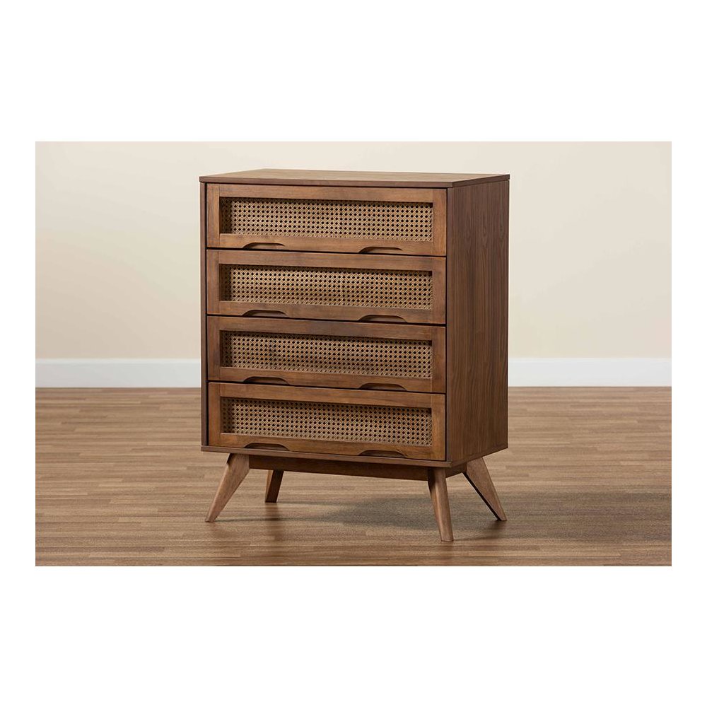 Modern Walnut Brown Finished Wood and Synthetic Rattan 4-Drawer Chest. Picture 9