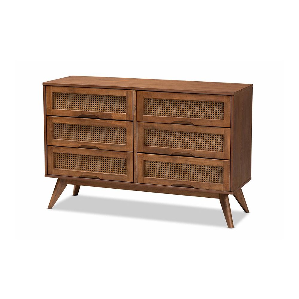 Modern Walnut Brown Finished Wood and Synthetic Rattan 6-Drawer Dresser. Picture 1