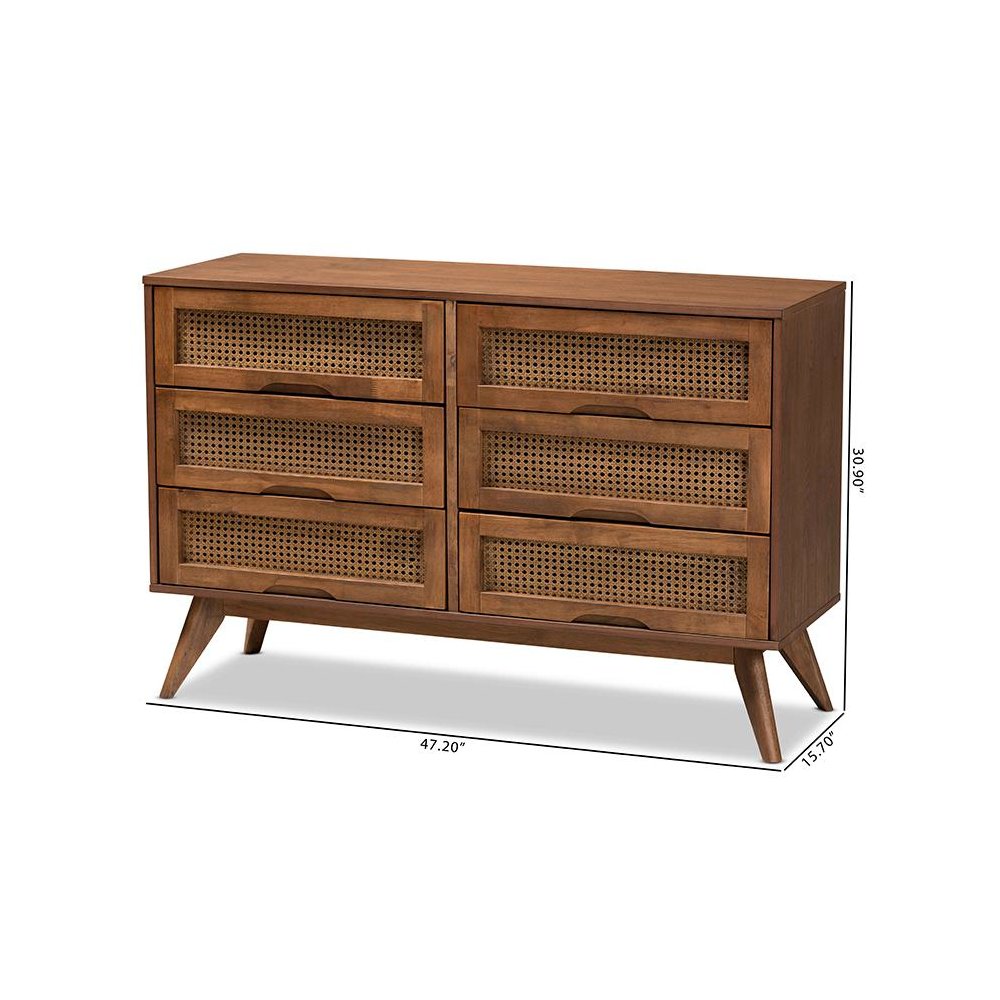 Modern Walnut Brown Finished Wood and Synthetic Rattan 6-Drawer Dresser. Picture 10