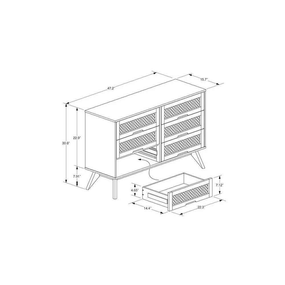 Modern Walnut Brown Finished Wood and Synthetic Rattan 6-Drawer Dresser. Picture 11