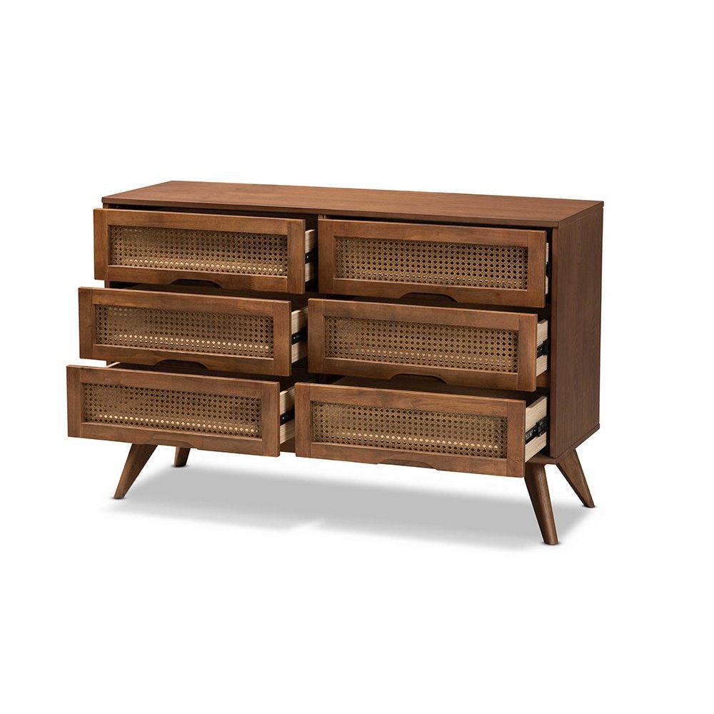 Modern Walnut Brown Finished Wood and Synthetic Rattan 6-Drawer Dresser. Picture 2