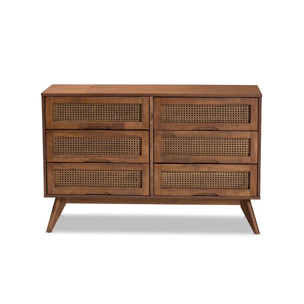 Modern Walnut Brown Finished Wood and Synthetic Rattan 6-Drawer Dresser. Picture 3