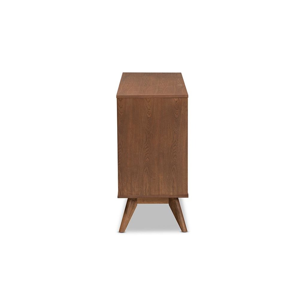 Modern Walnut Brown Finished Wood and Synthetic Rattan 6-Drawer Dresser. Picture 4