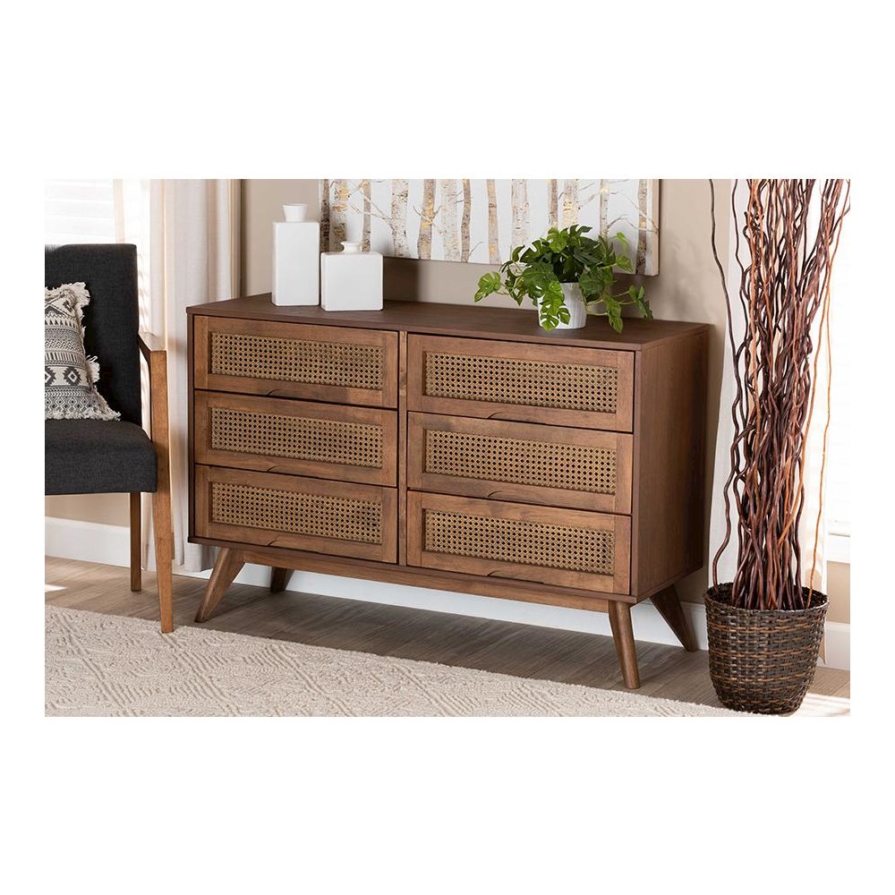 Modern Walnut Brown Finished Wood and Synthetic Rattan 6-Drawer Dresser. Picture 8