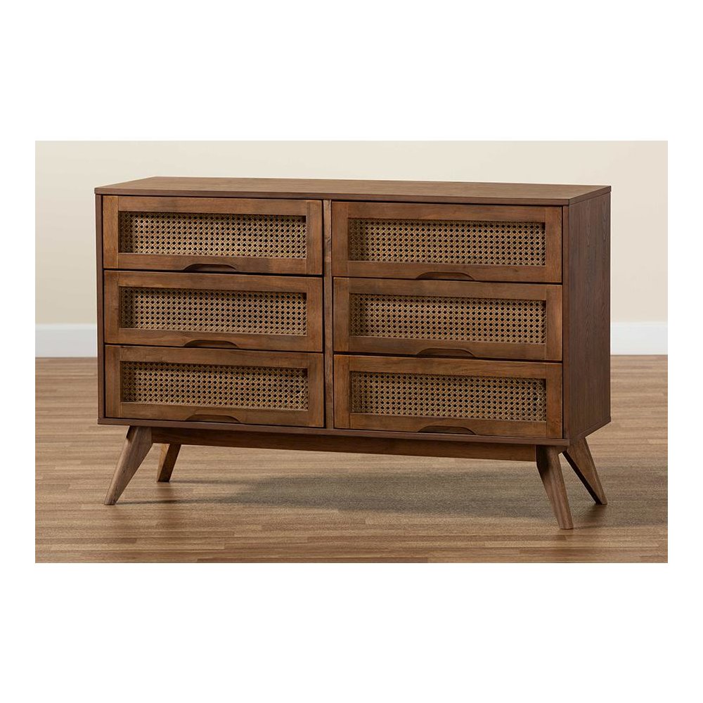 Modern Walnut Brown Finished Wood and Synthetic Rattan 6-Drawer Dresser. Picture 9