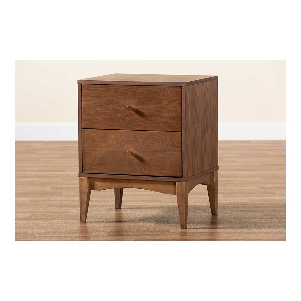 Landis Mid-Century Modern Ash Walnut Finished Wood 2-Drawer Nightstand. Picture 9