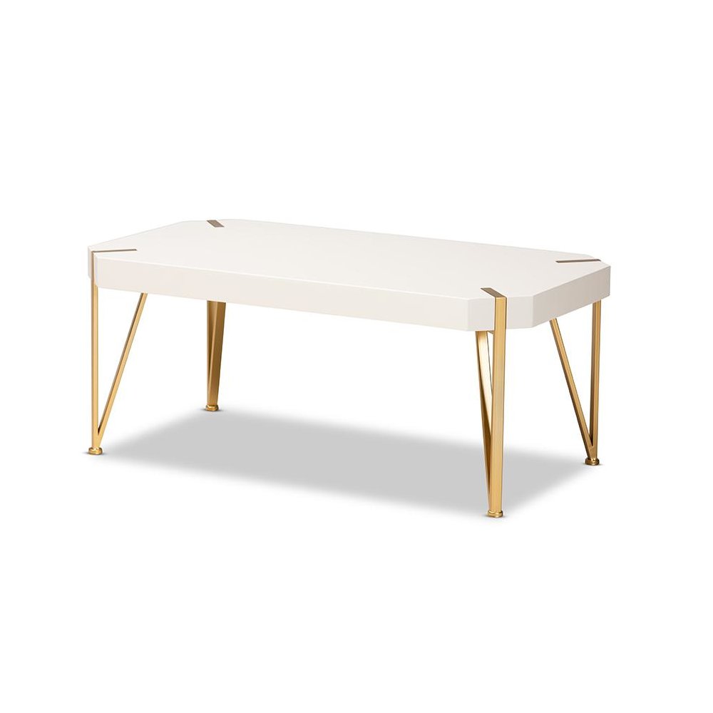 Glam and Luxe Brushed Gold Metal and White Finished Wood Coffee Table. Picture 1