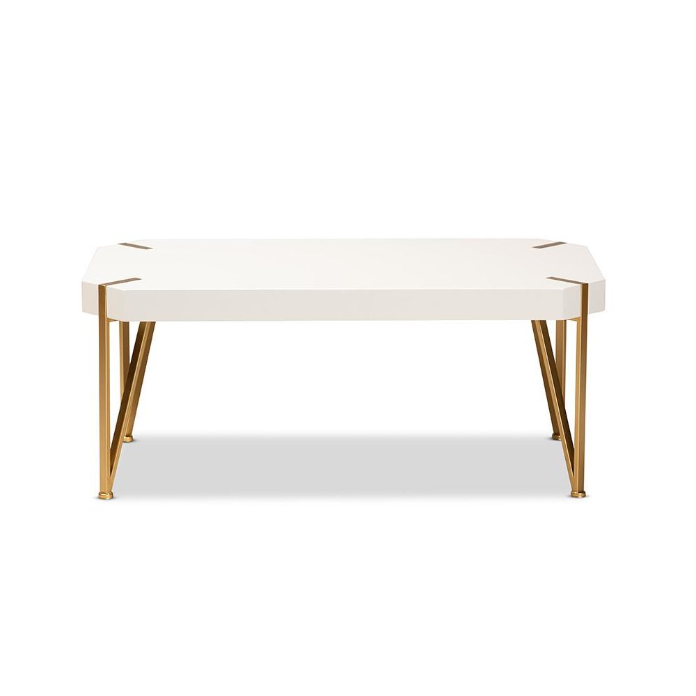 Glam and Luxe Brushed Gold Metal and White Finished Wood Coffee Table. Picture 2