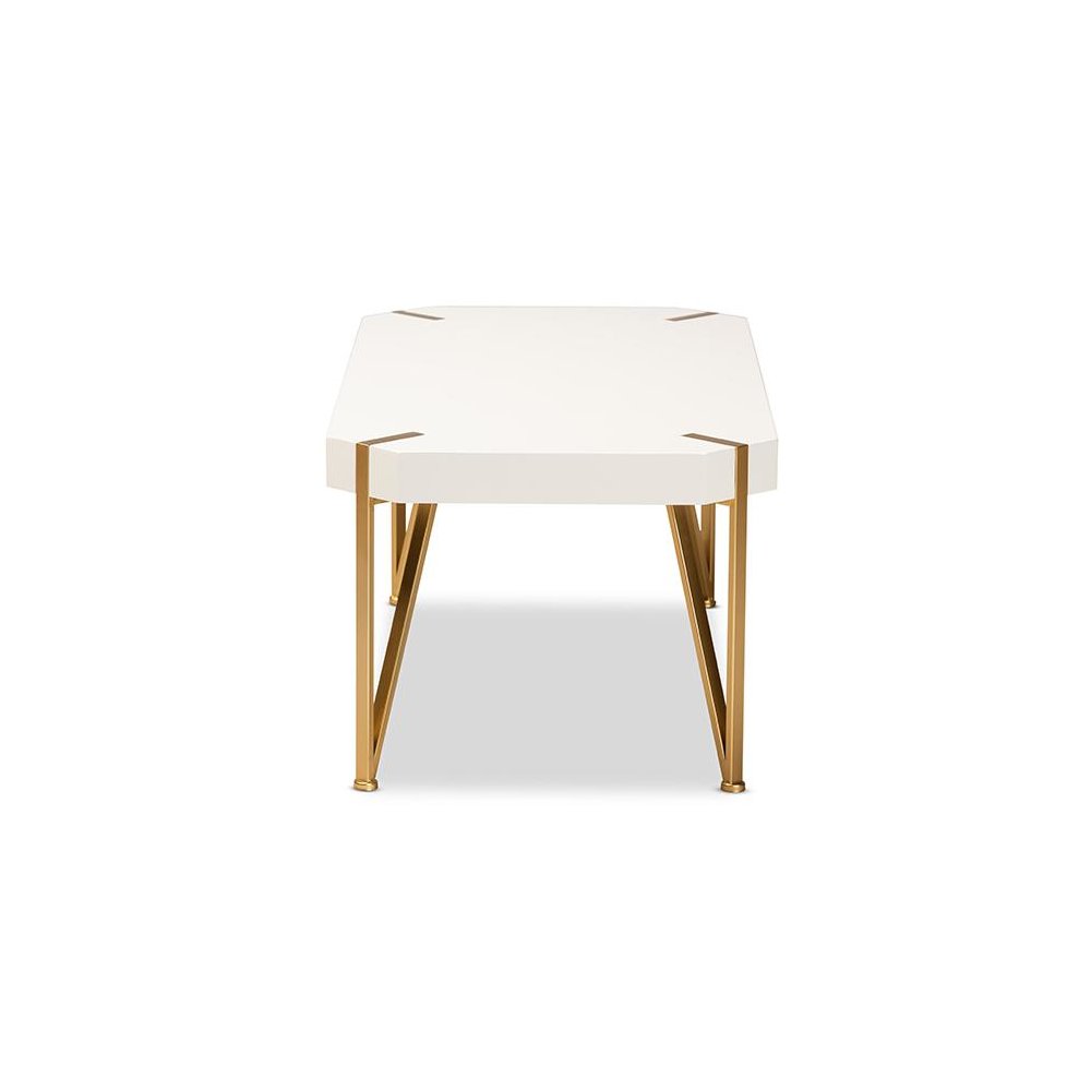 Glam and Luxe Brushed Gold Metal and White Finished Wood Coffee Table. Picture 3