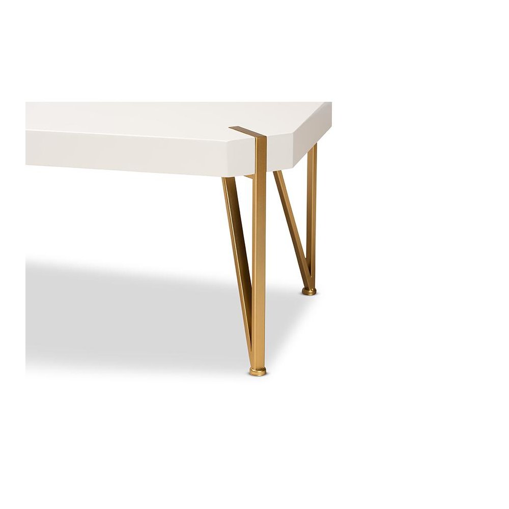 Glam and Luxe Brushed Gold Metal and White Finished Wood Coffee Table. Picture 5