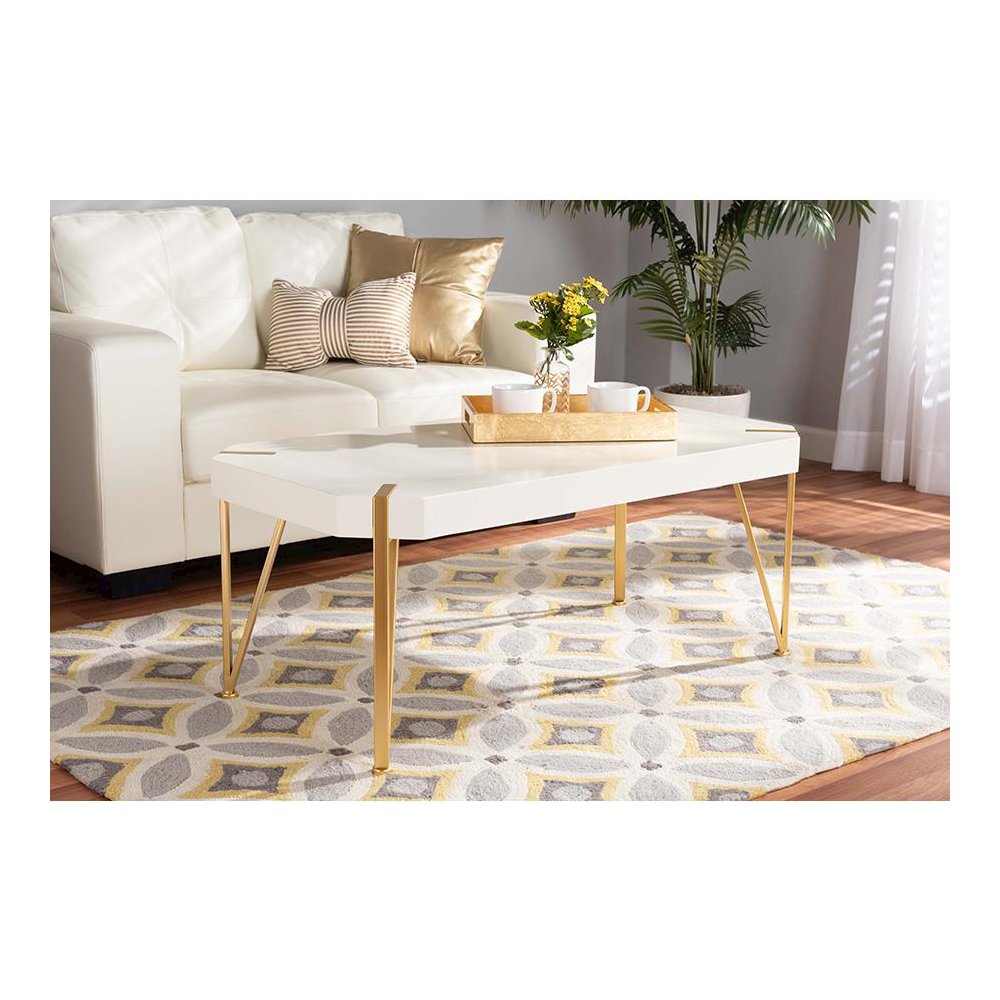 Glam and Luxe Brushed Gold Metal and White Finished Wood Coffee Table. Picture 6
