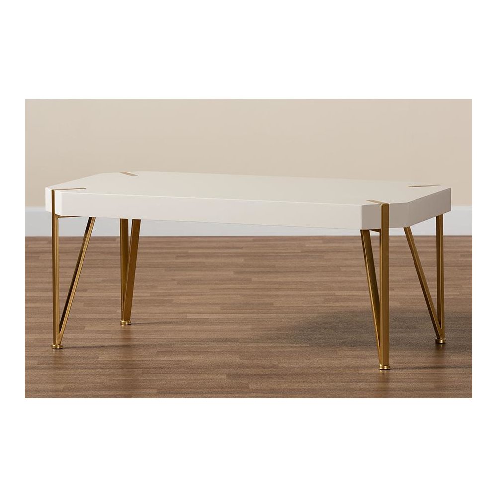Glam and Luxe Brushed Gold Metal and White Finished Wood Coffee Table. Picture 7