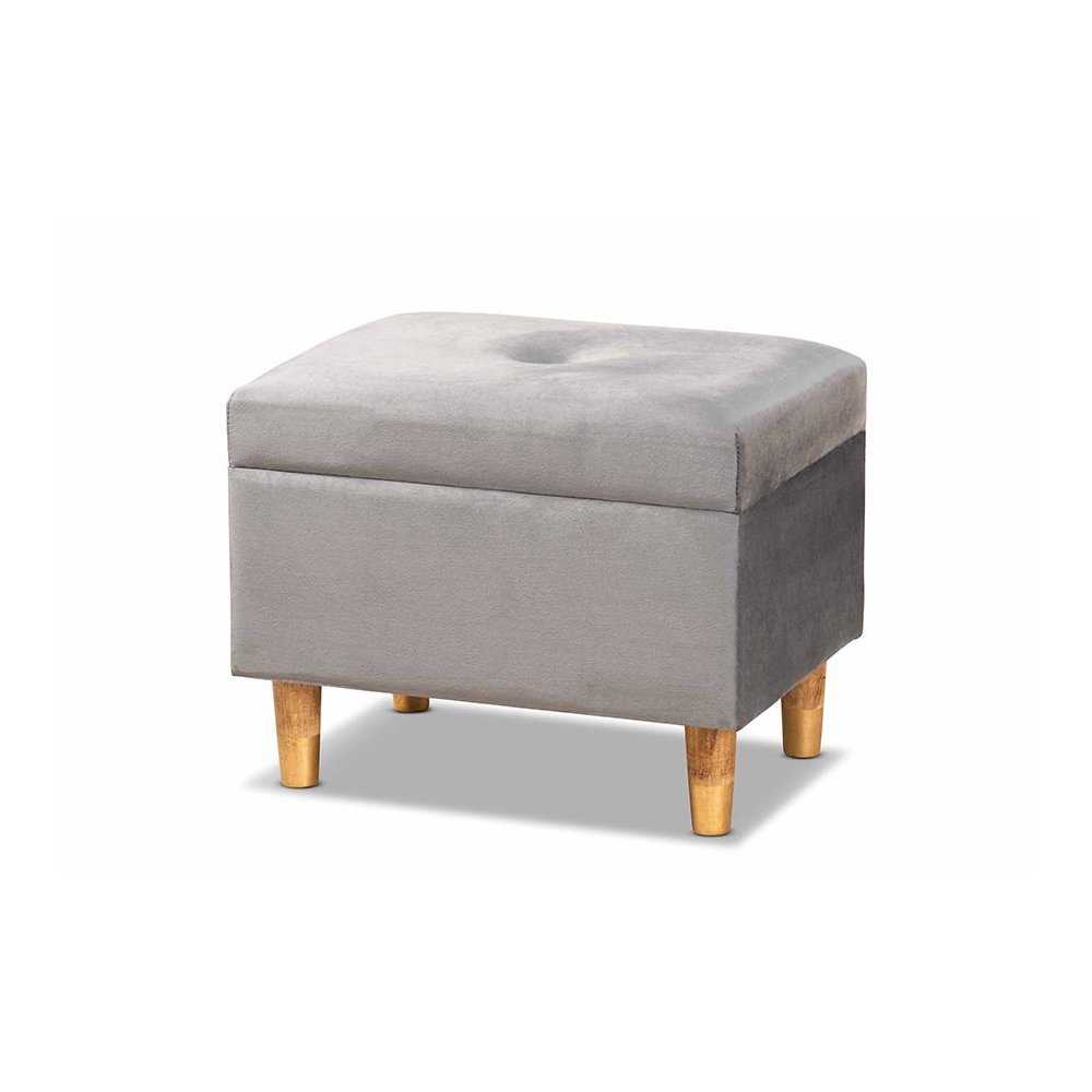 Grey Velvet Fabric Upholstered and Oak Brown Finished Wood Storage Ottoman. Picture 1