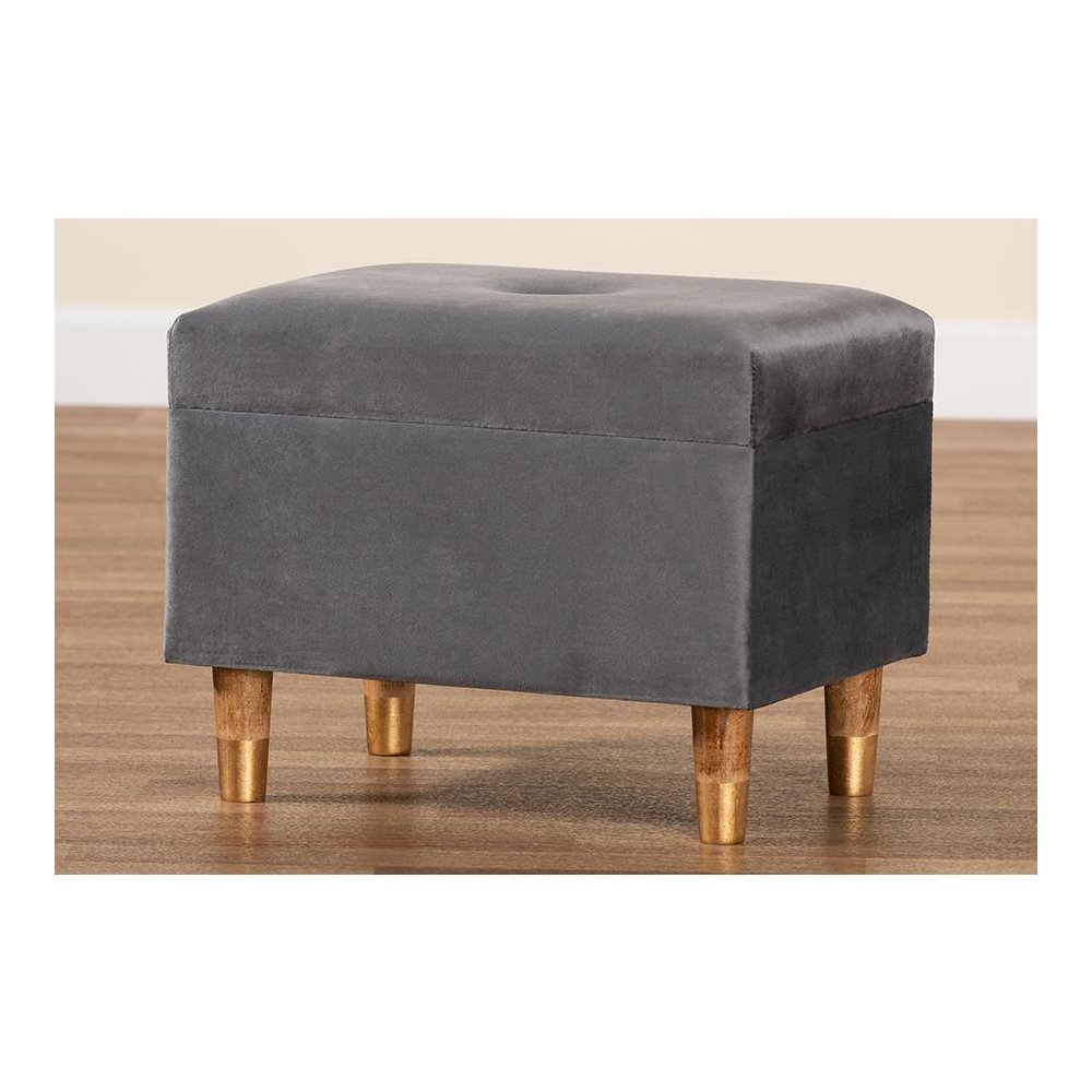Grey Velvet Fabric Upholstered and Oak Brown Finished Wood Storage Ottoman. Picture 10