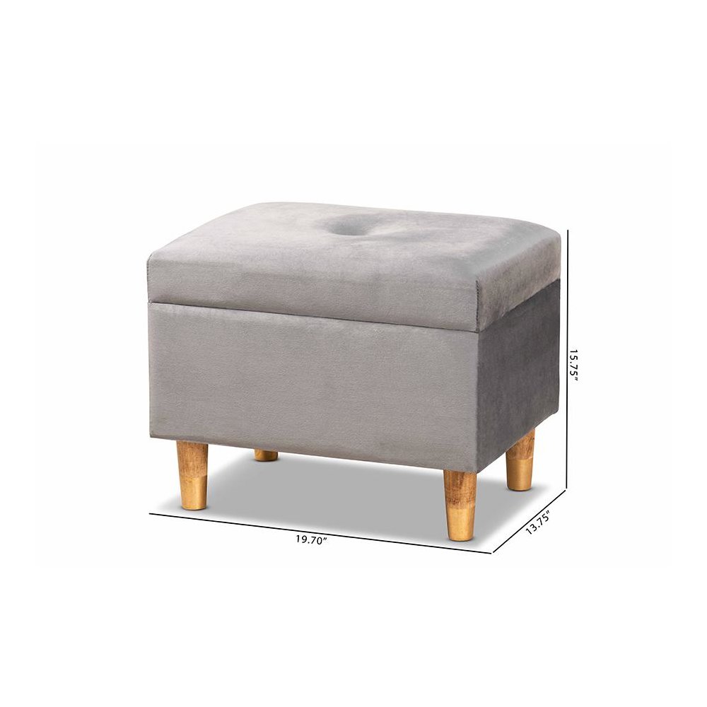 Grey Velvet Fabric Upholstered and Oak Brown Finished Wood Storage Ottoman. Picture 11