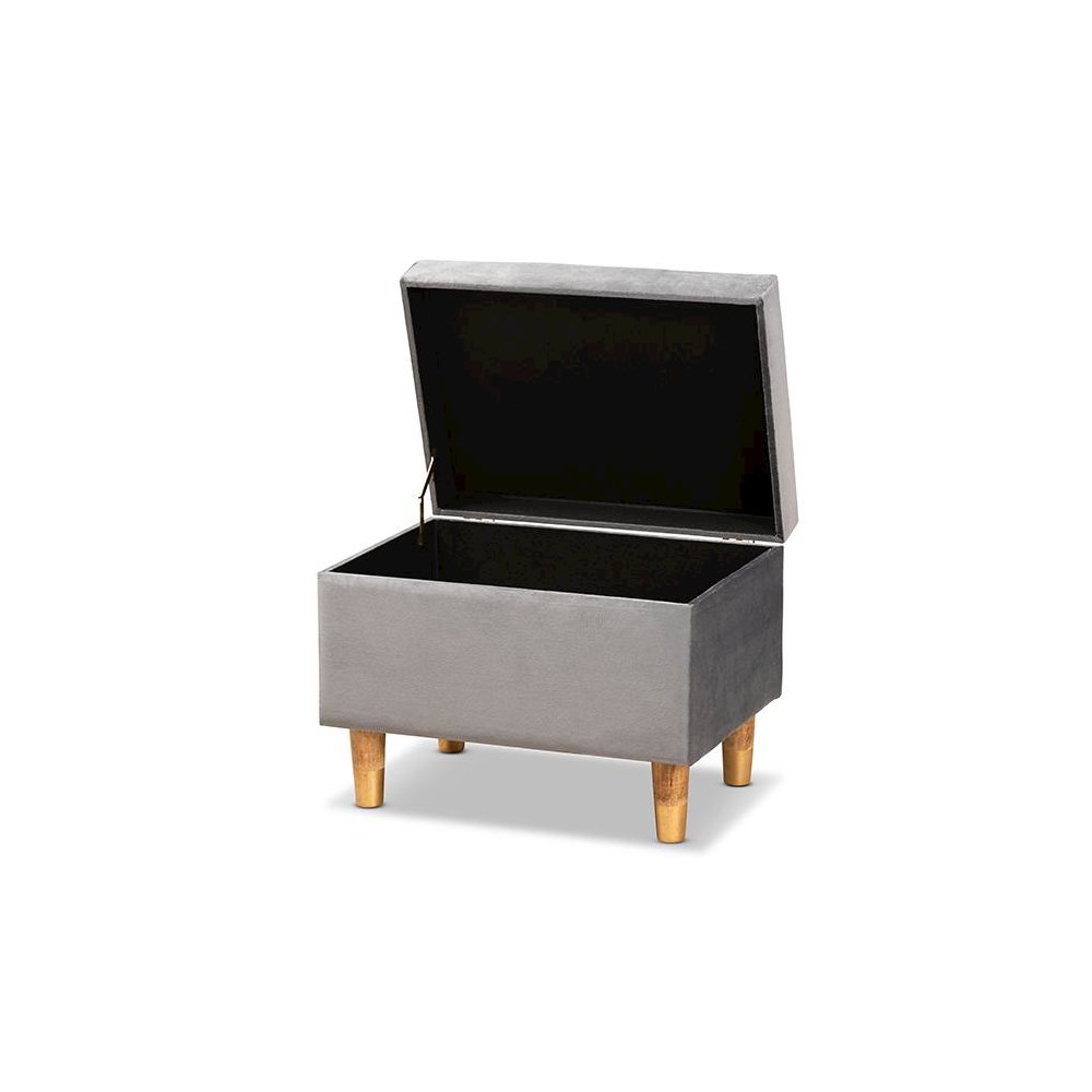 Grey Velvet Fabric Upholstered and Oak Brown Finished Wood Storage Ottoman. Picture 2