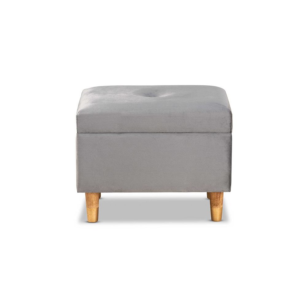 Grey Velvet Fabric Upholstered and Oak Brown Finished Wood Storage Ottoman. Picture 3