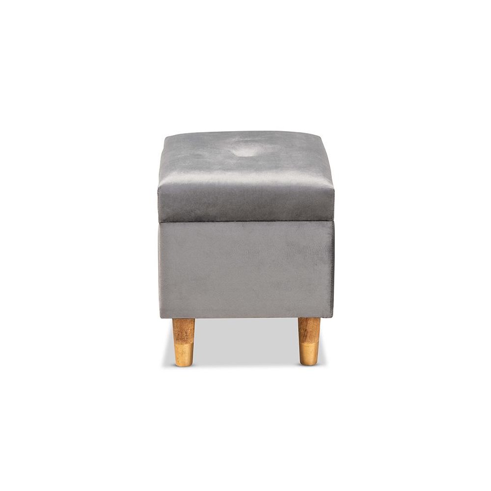 Grey Velvet Fabric Upholstered and Oak Brown Finished Wood Storage Ottoman. Picture 4