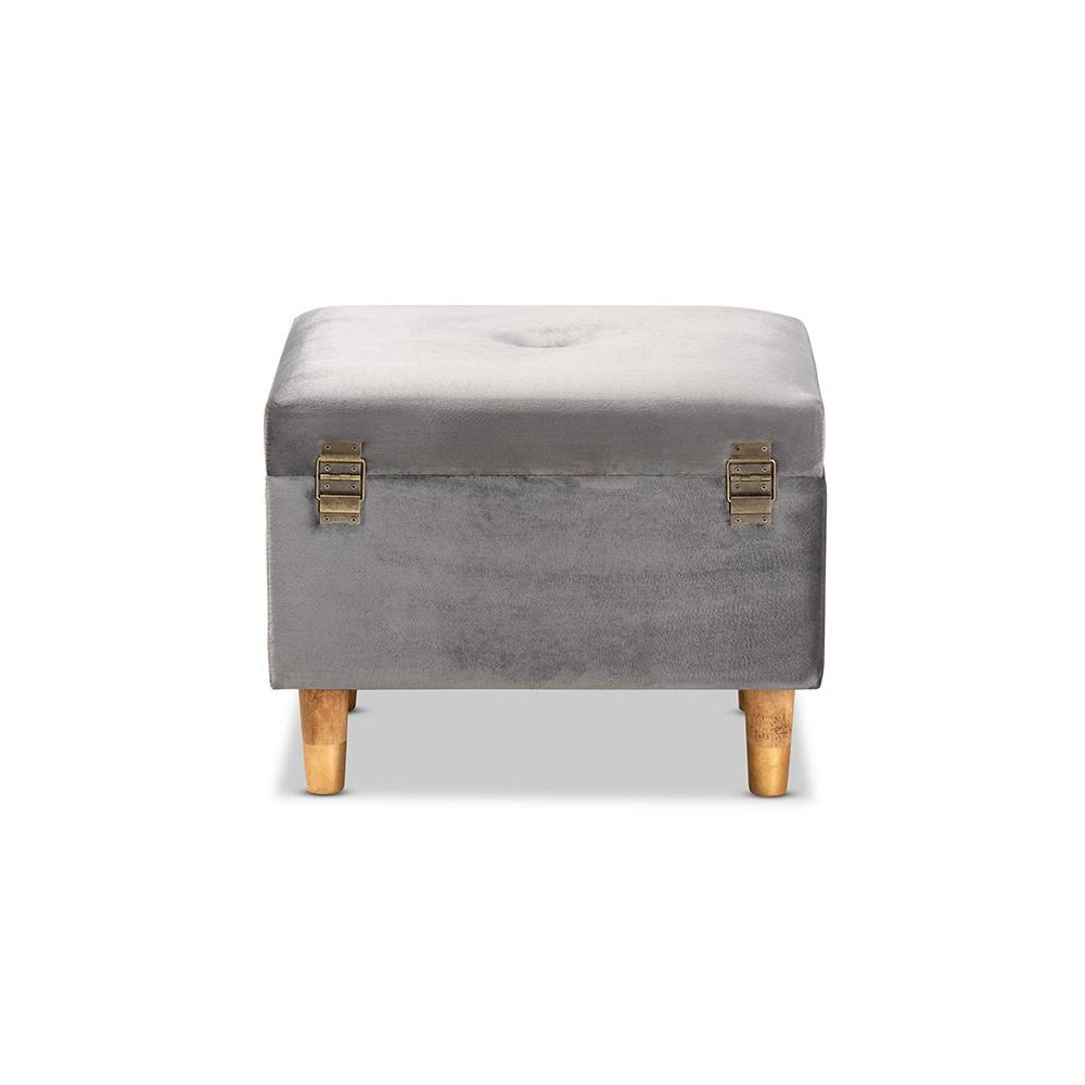 Grey Velvet Fabric Upholstered and Oak Brown Finished Wood Storage Ottoman. Picture 5