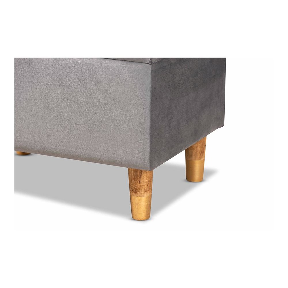 Grey Velvet Fabric Upholstered and Oak Brown Finished Wood Storage Ottoman. Picture 7