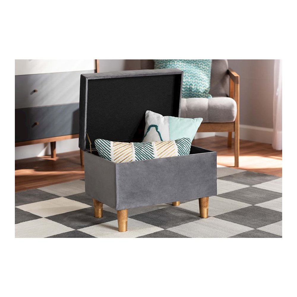 Grey Velvet Fabric Upholstered and Oak Brown Finished Wood Storage Ottoman. Picture 9