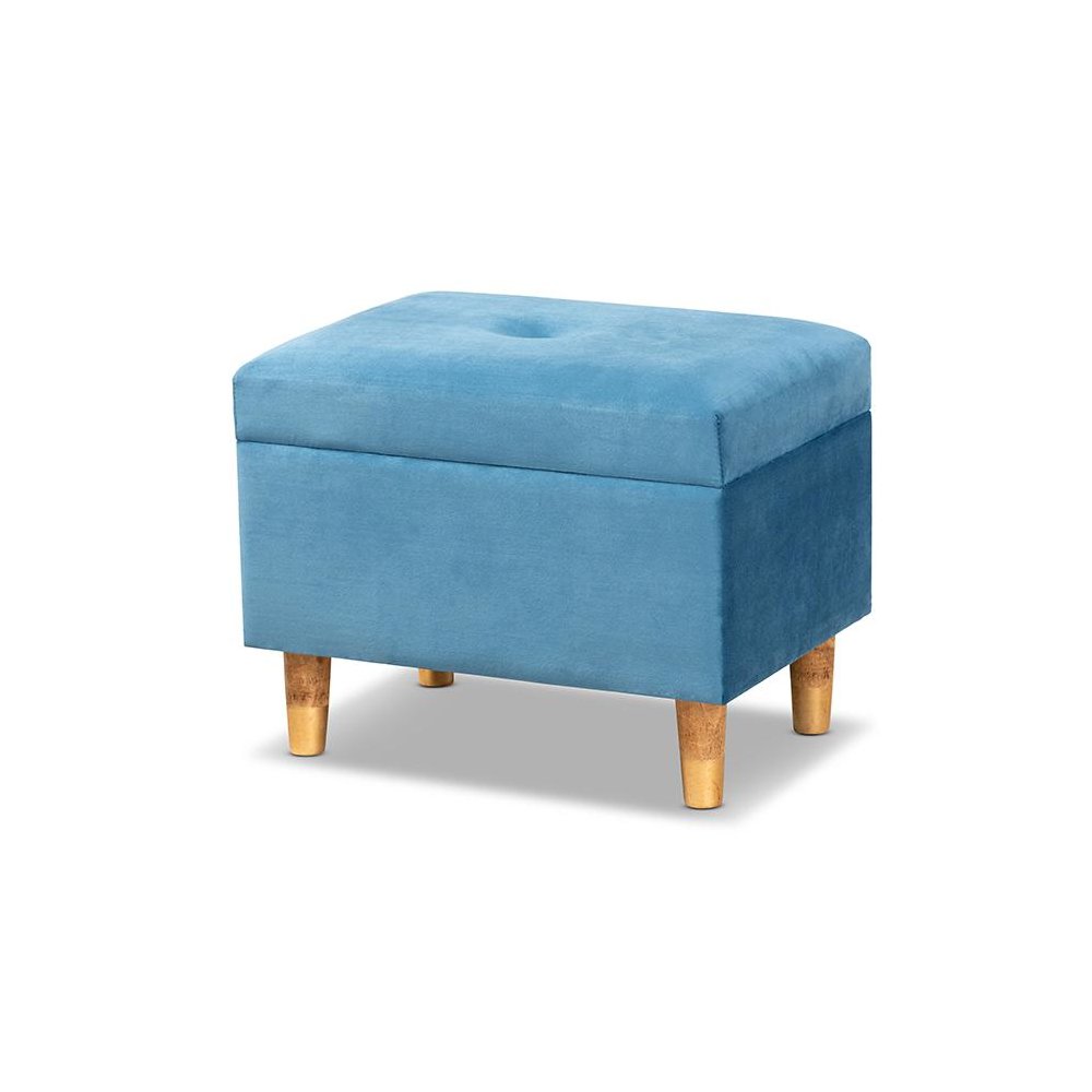 Sky Blue Velvet Fabric Upholstered and Oak Brown Finished Wood Storage Ottoman. Picture 1