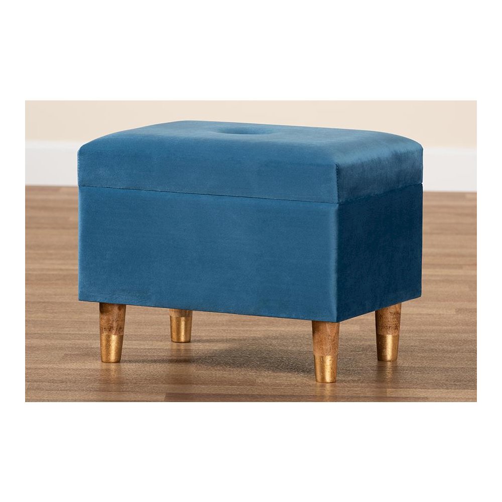 Sky Blue Velvet Fabric Upholstered and Oak Brown Finished Wood Storage Ottoman. Picture 10
