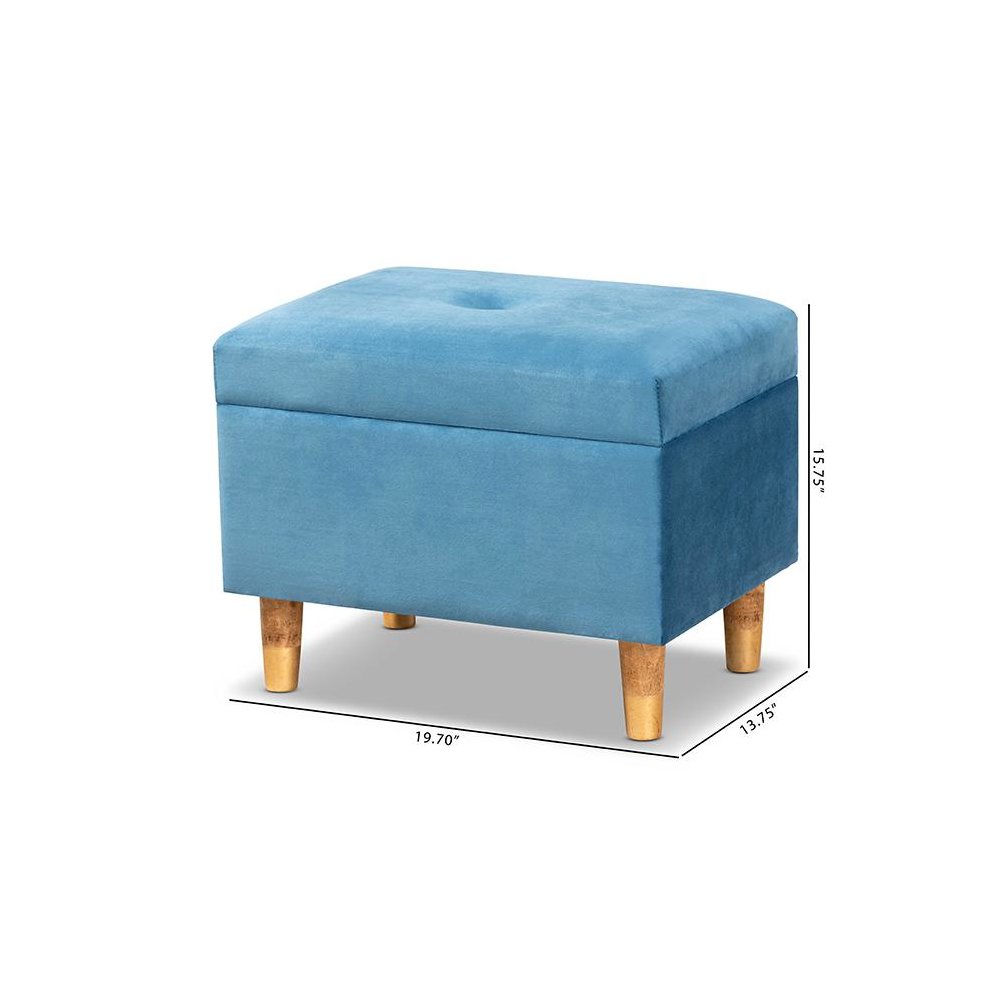 Sky Blue Velvet Fabric Upholstered and Oak Brown Finished Wood Storage Ottoman. Picture 11