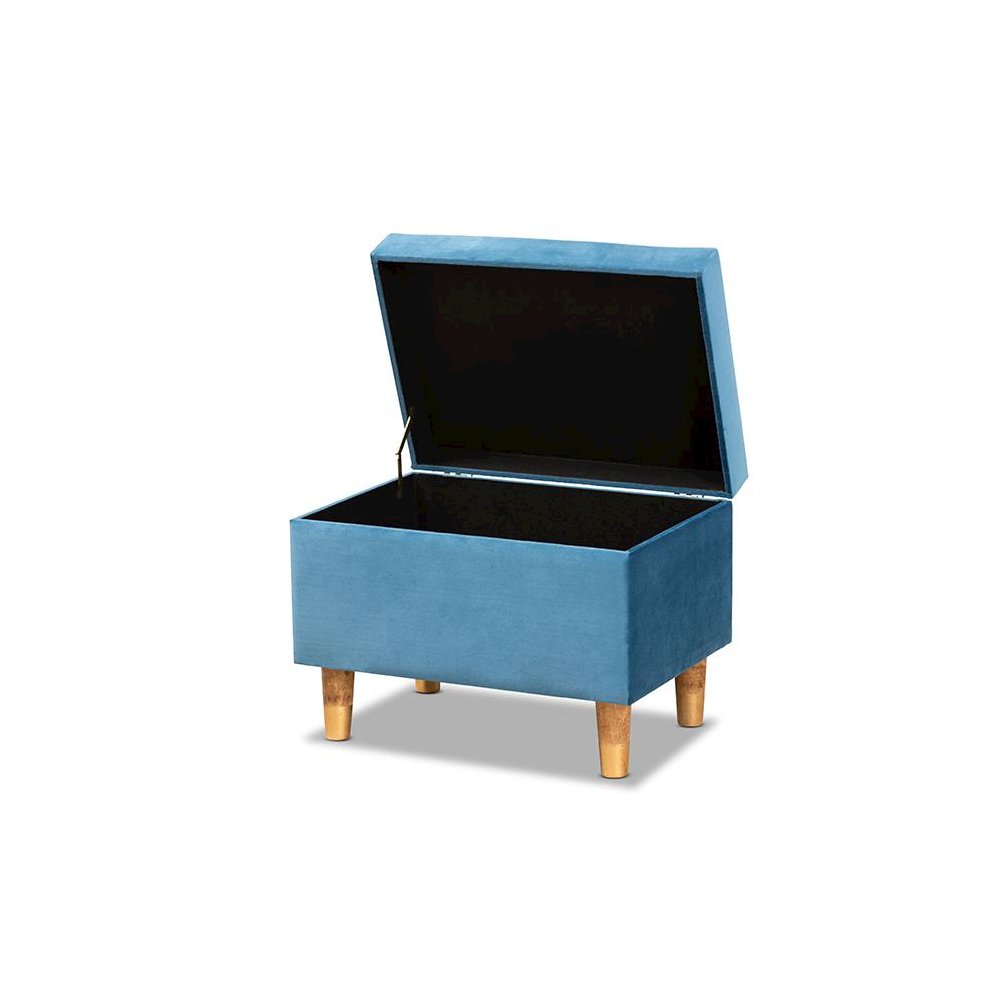 Sky Blue Velvet Fabric Upholstered and Oak Brown Finished Wood Storage Ottoman. Picture 2