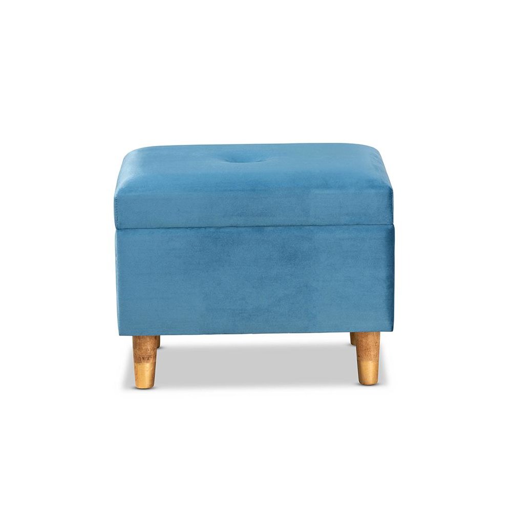 Sky Blue Velvet Fabric Upholstered and Oak Brown Finished Wood Storage Ottoman. Picture 3
