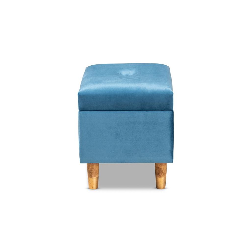 Sky Blue Velvet Fabric Upholstered and Oak Brown Finished Wood Storage Ottoman. Picture 4